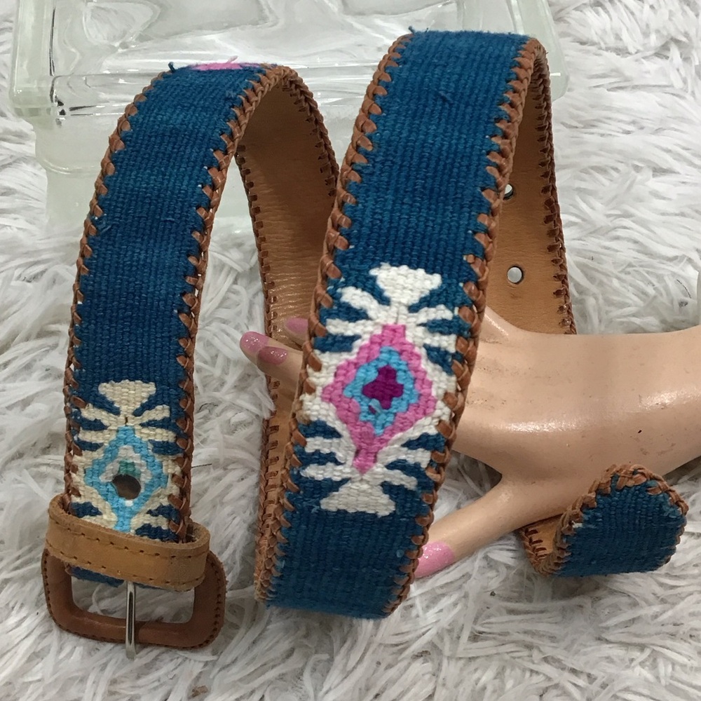 Vintage handmade Bohemian Blue and Tan leather and fabric Woven Belt 34